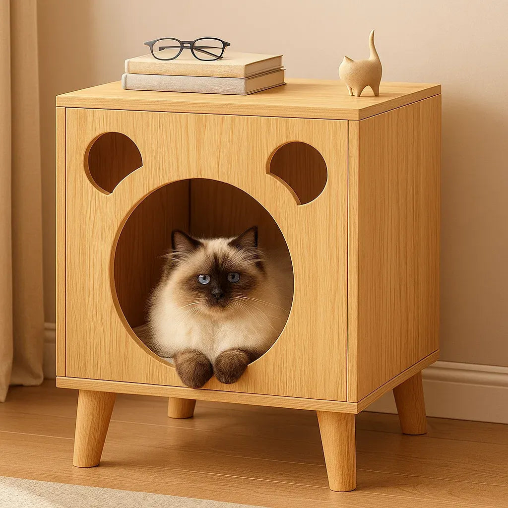 Katzenbett Nachttisch mit Bären-Design | Erhöhtes Holzhaus mit Kissen