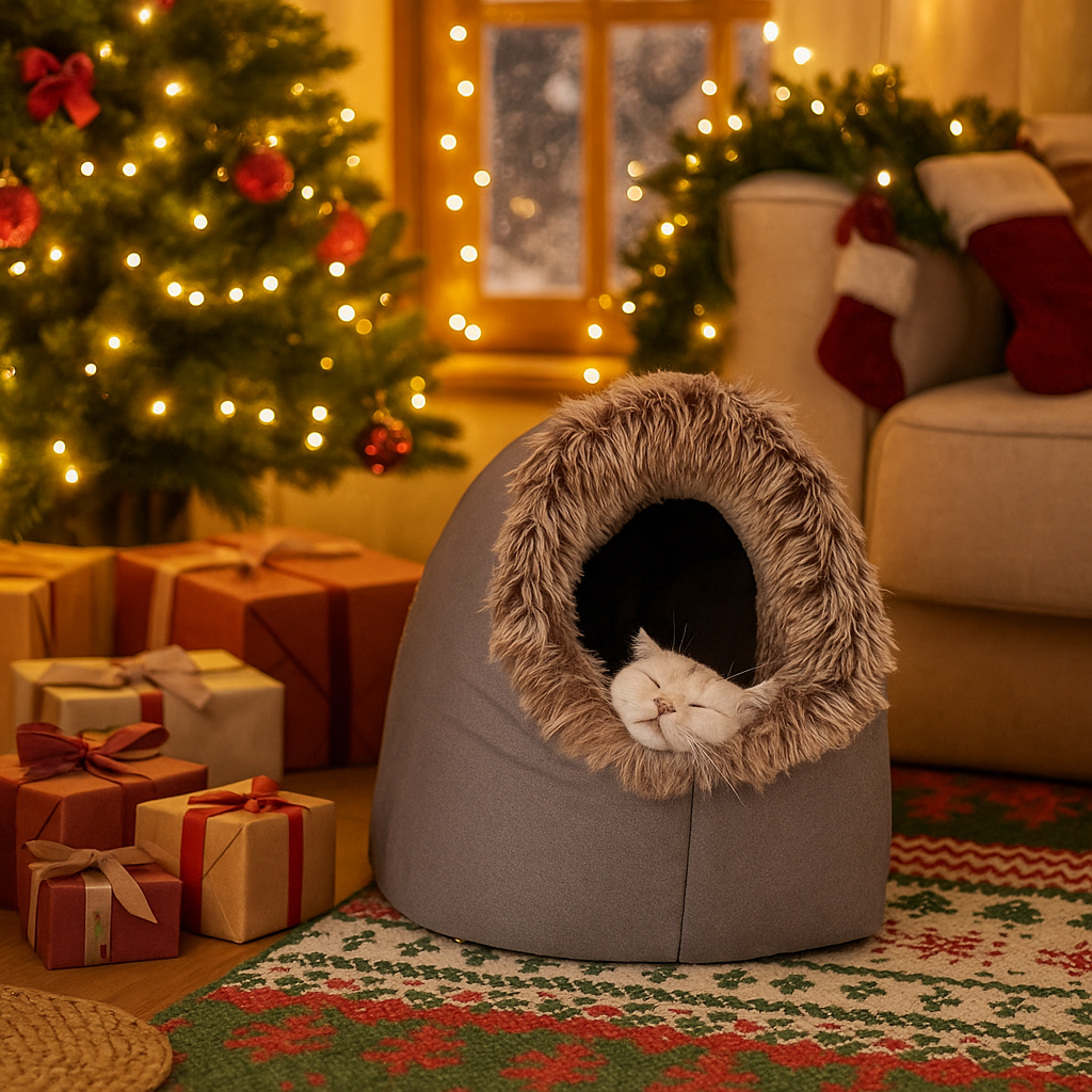Kuschelhöhle Katze Winter - Warmes Höhlenbett mit Tragegriff