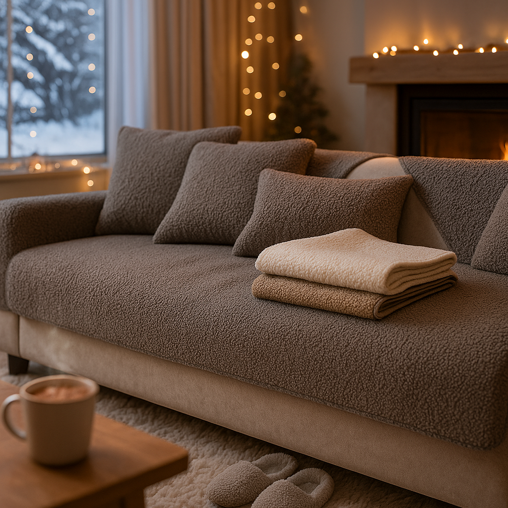 Plüsch Sofabezug Winter | Kuscheliger & rutschfester Couchschutz