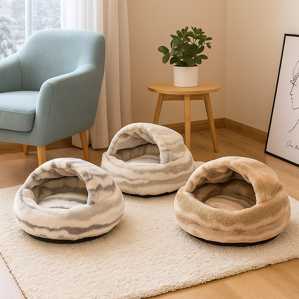 Katzenhöhle & Höhlenbett | Kuscheliges Bett mit Marmor-Design
