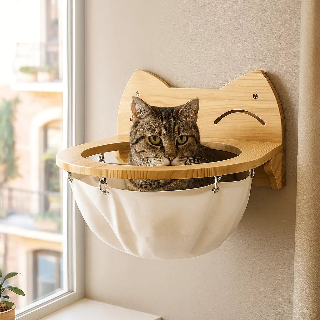 Katzenbett aus Holz zum Aufhängen | Stilvolles Wandkörbchen für Katzen
