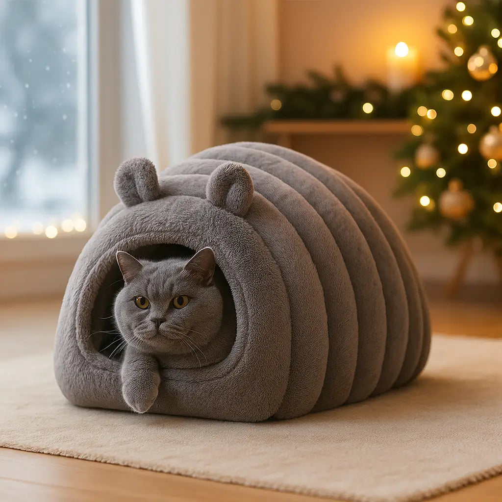 Katzenhöhle Winter Fleece | Weiches & Warmes Katzenbett mit Kissen