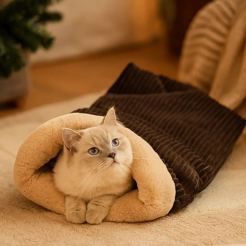 Katzenbett Winter Gestreift | Warmer Katzenschlafsack aus Plüsch