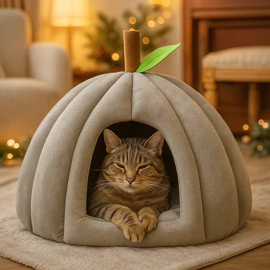 Katzenbett Kürbis-Design | Warmes Winterhaus für Katzen