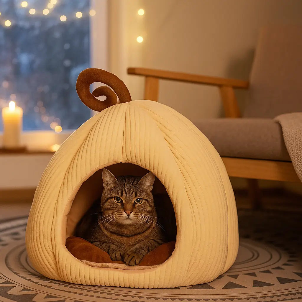 Katzenbett Kürbis-Design | Geschlossene Katzenhöhle für den Winter