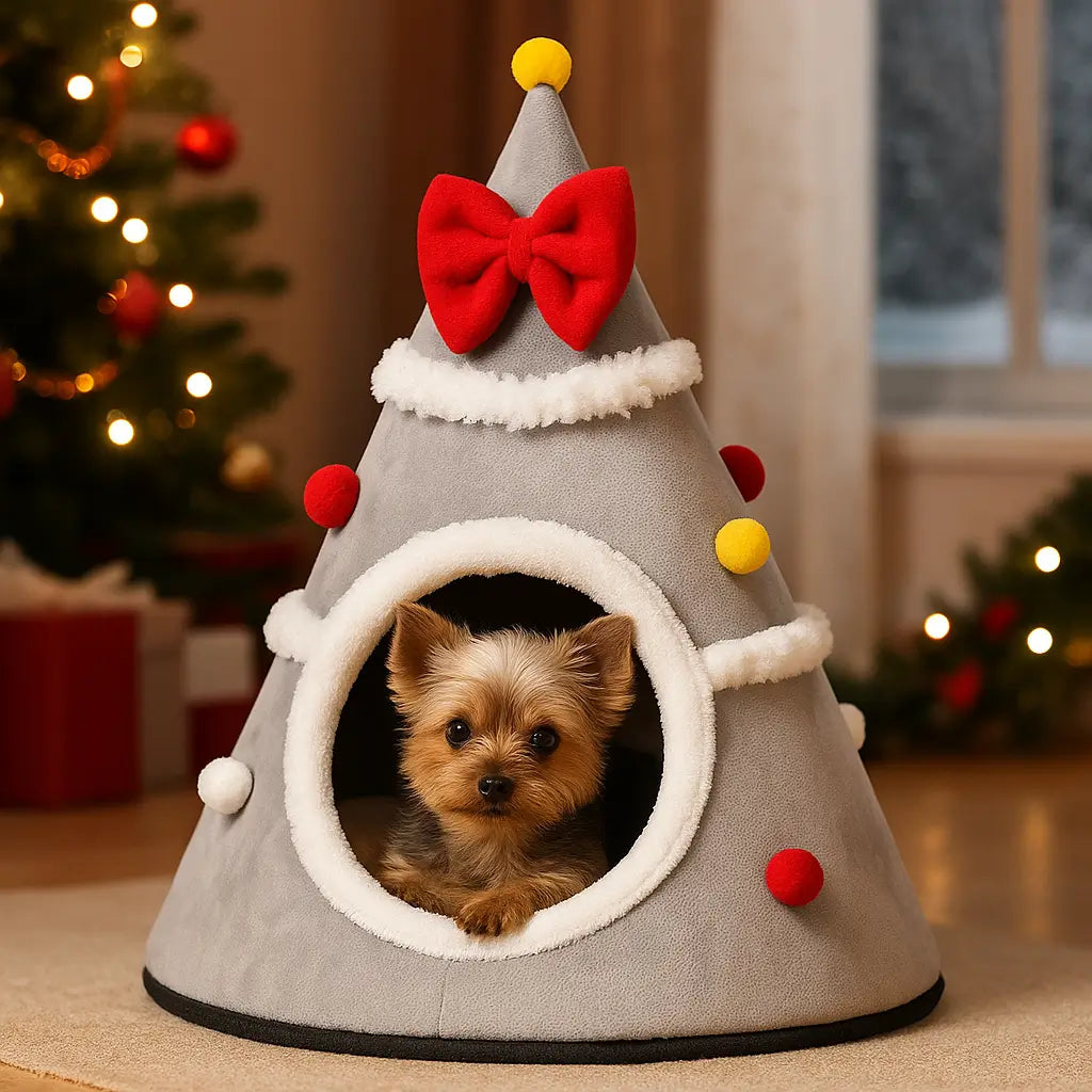 Weihnachts Hundehütte | Warme, waschbare Kuschelhütte für kleine Hunde