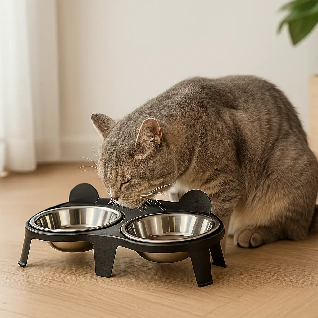 Katzennapf Doppelnapf Edelstahl | Rutschfester 15° Neigungsständer
