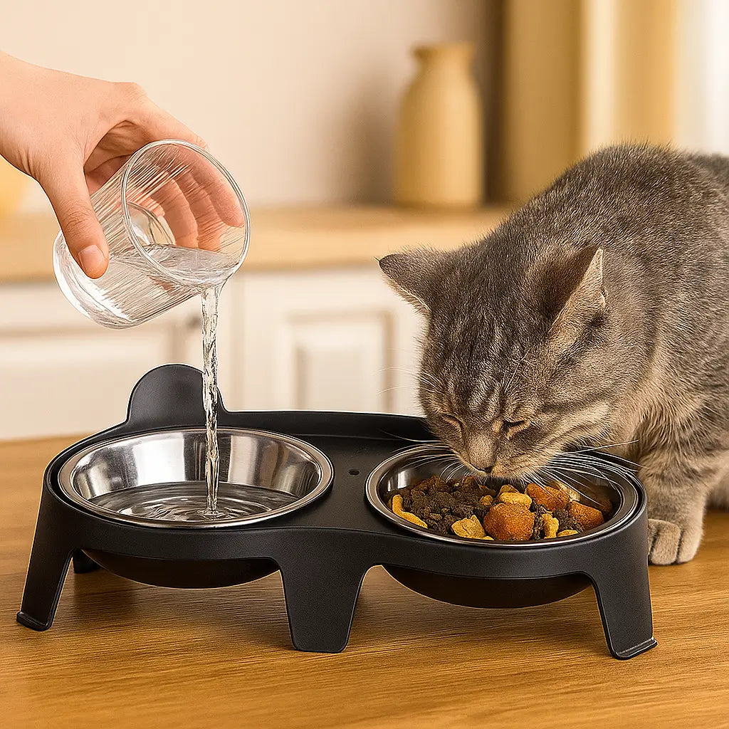 Katzennapf Doppelnapf Edelstahl | Rutschfester 15° Neigungsständer