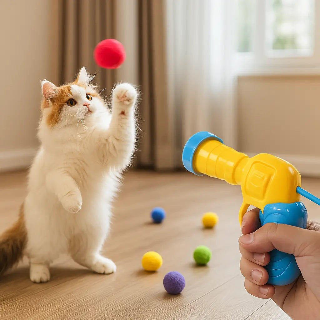 Katzenspielzeug | Interaktive Ballpistole mit 20 Plüschbällen