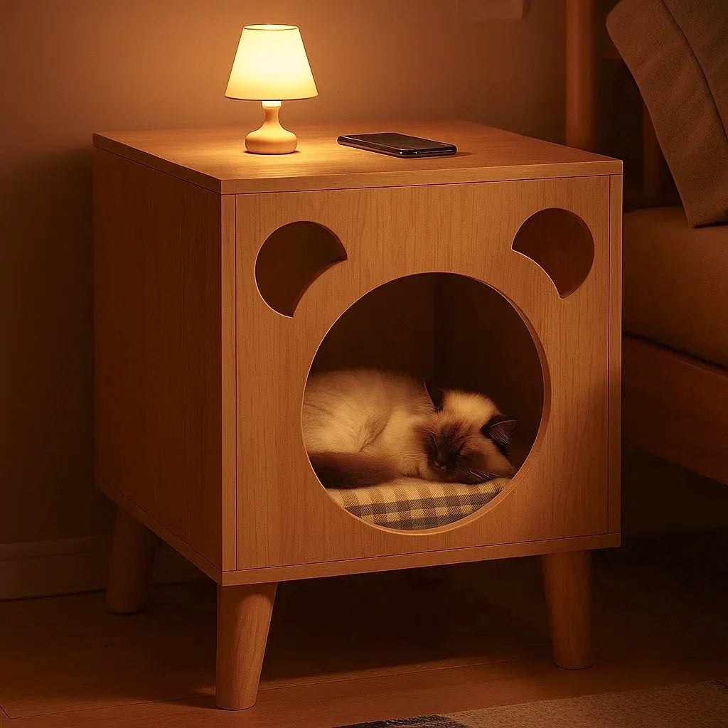 Katzenbett Nachttisch mit Bären-Design | Erhöhtes Holzhaus mit Kissen