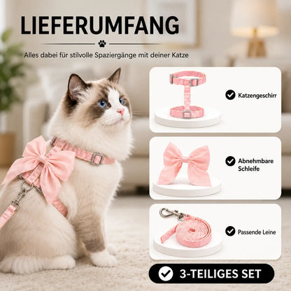 Katzengeschirr mit Leine | Verstellbar & Atmungsaktiv mit Schleife