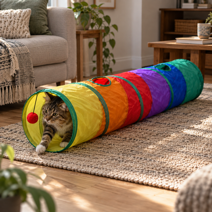 Katzentunnel Bunt | Faltbares Katzenspielzeug mit Spielball