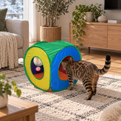 Katzentunnel Bunt | Faltbares Katzenspielzeug mit Spielball