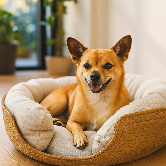 Hundebett geflochten – Atmungsaktiv & mit waschbarem Kissen