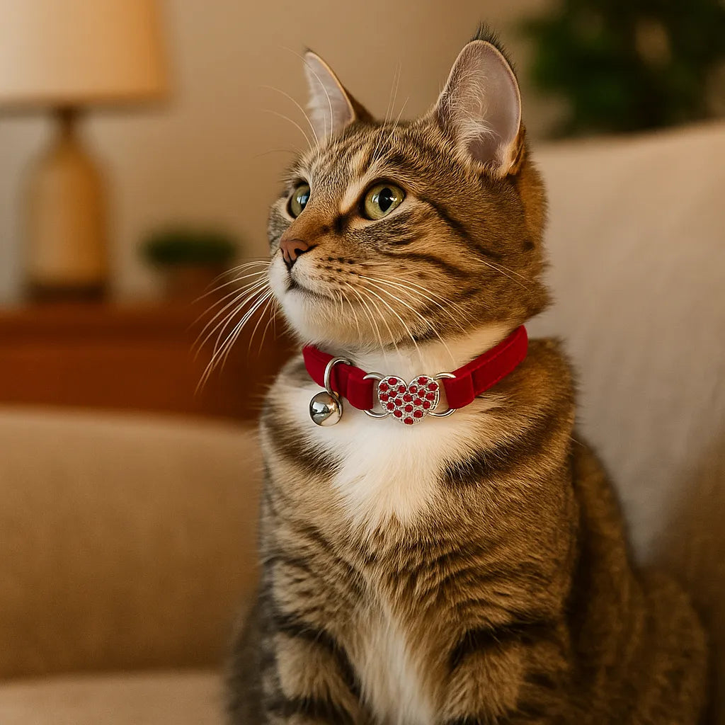 Katzenhalsband mit Herz & Glöckchen | Weiches Samtband mit Sicherheitsverschluss