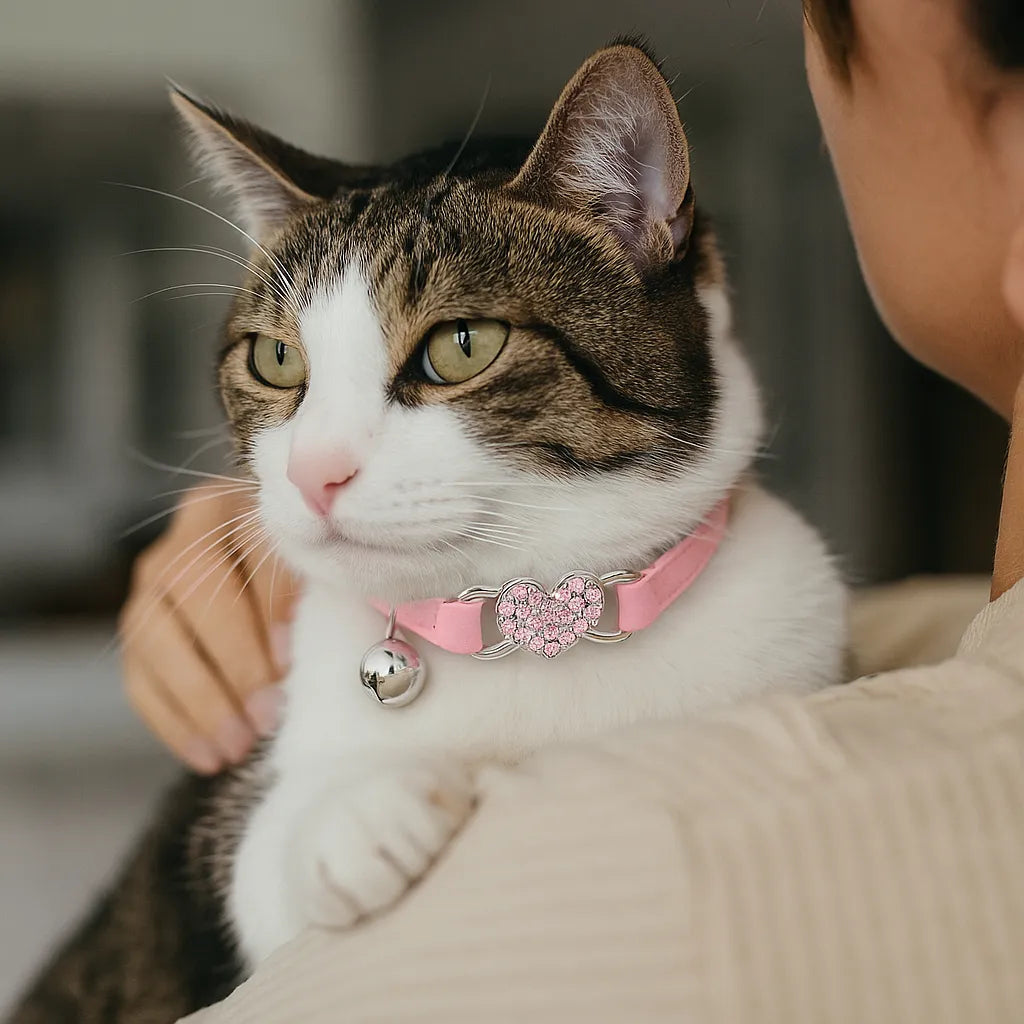 Katzenhalsband mit Herz & Glöckchen | Weiches Samtband mit Sicherheitsverschluss