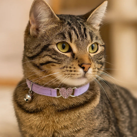Katzenhalsband mit Herz & Glöckchen | Weiches Samtband mit Sicherheitsverschluss