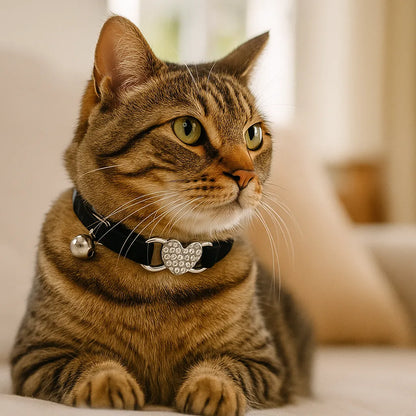Katzenhalsband mit Herz & Glöckchen | Weiches Samtband mit Sicherheitsverschluss