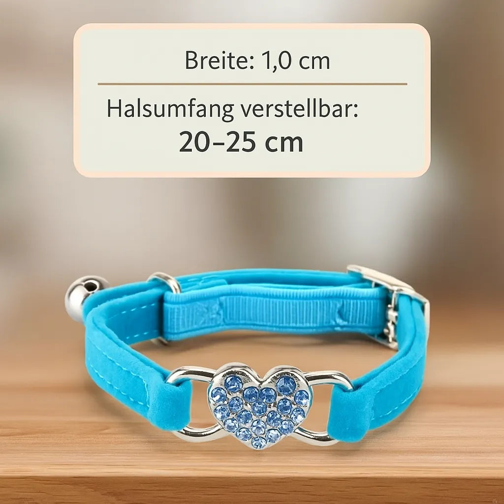 Katzenhalsband mit Herz & Glöckchen | Weiches Samtband mit Sicherheitsverschluss