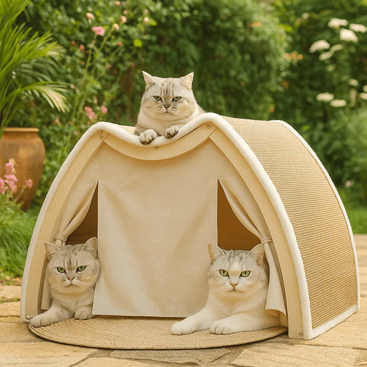 Katzenhaus mit Holzrahmen & Sisal-Kratzmatte | Gemütlicher Rückzugsort für kalte Tage