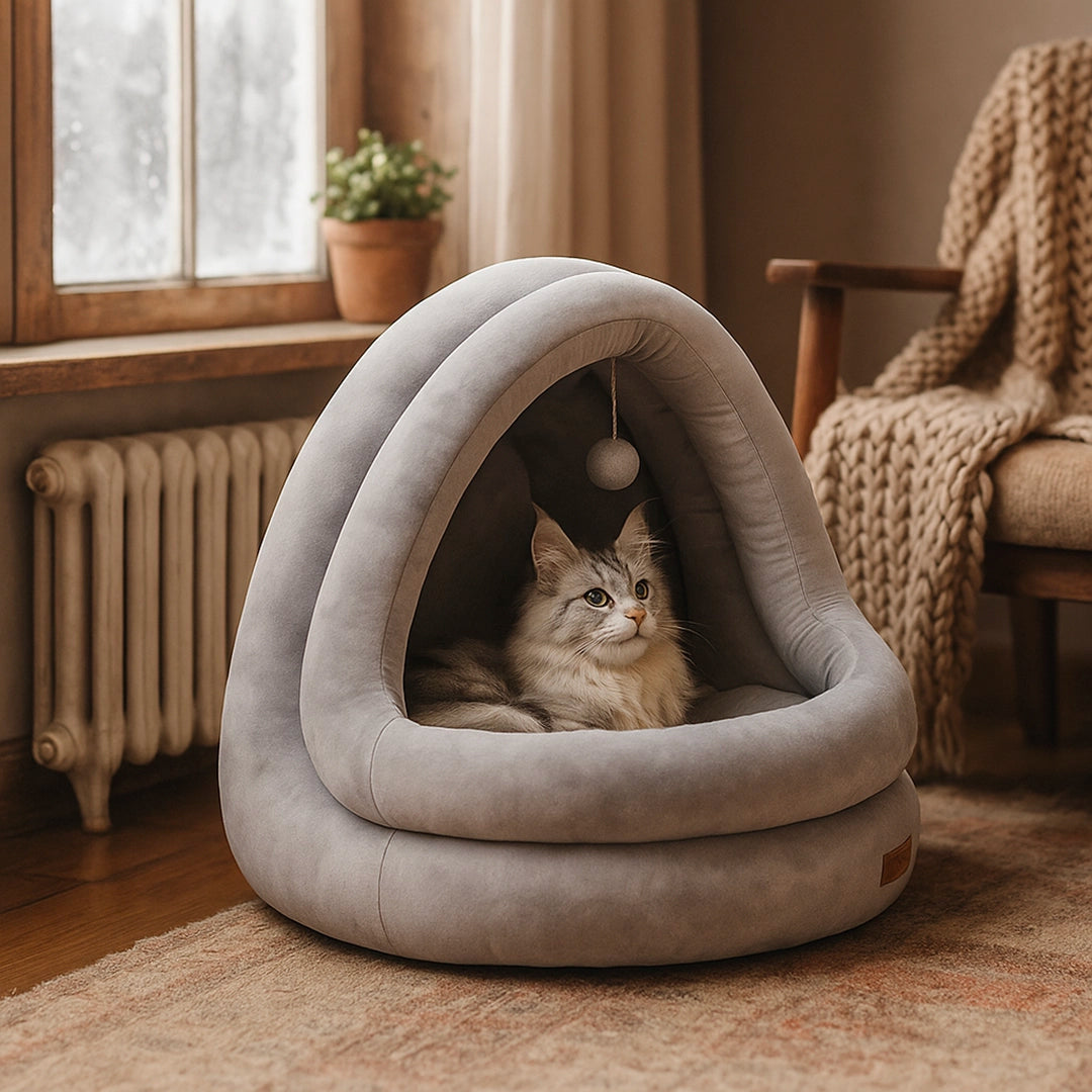 Katzenbett aus Plüsch mit herausnehmbarer Matte | Gemütlicher Rückzugsort für Katzen