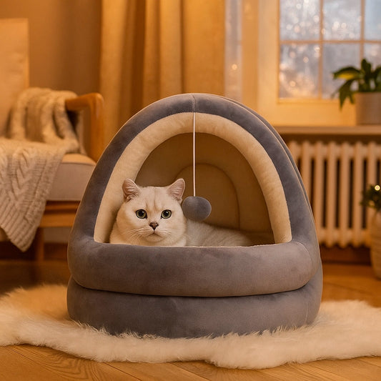 Katzenbett aus Plüsch mit herausnehmbarer Matte | Gemütlicher Rückzugsort für Katzen