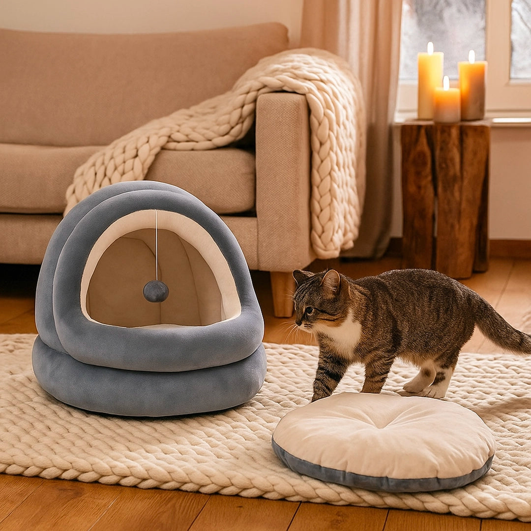 Katzenbett aus Plüsch mit herausnehmbarer Matte | Gemütlicher Rückzugsort für Katzen