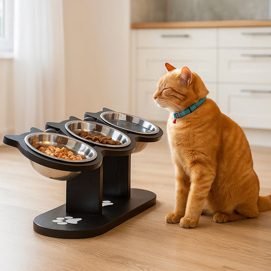 Katzen Futternapf mit Holzständer | Verstellbares 15° Schrägdesign & Edelstahlschalen