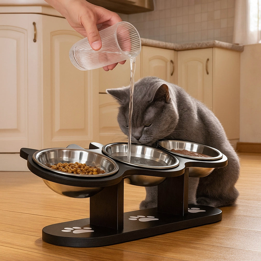 Katzen Futternapf mit Holzständer | Verstellbares 15° Schrägdesign & Edelstahlschalen