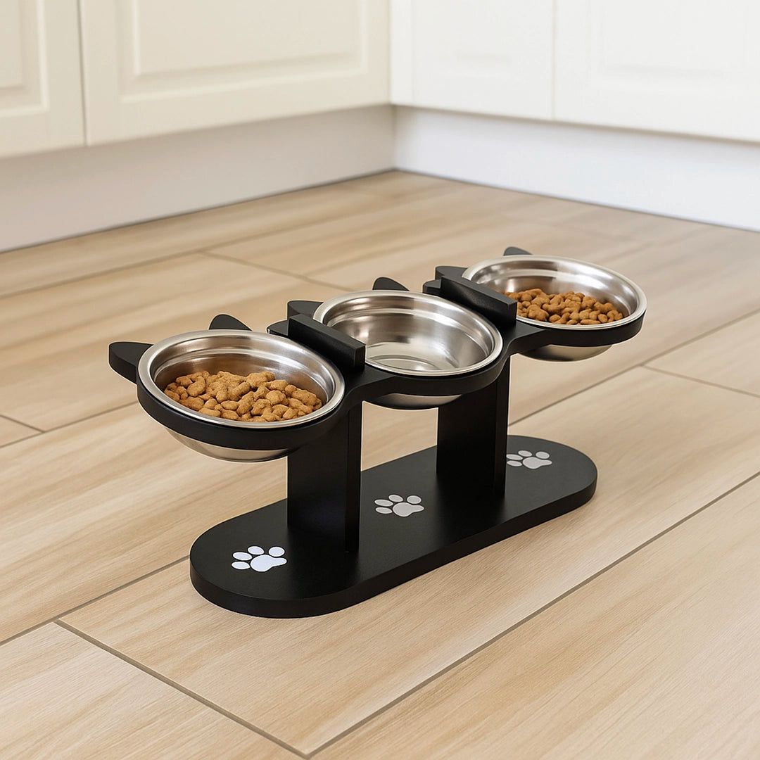 Katzen Futternapf mit Holzständer | Verstellbares 15° Schrägdesign & Edelstahlschalen