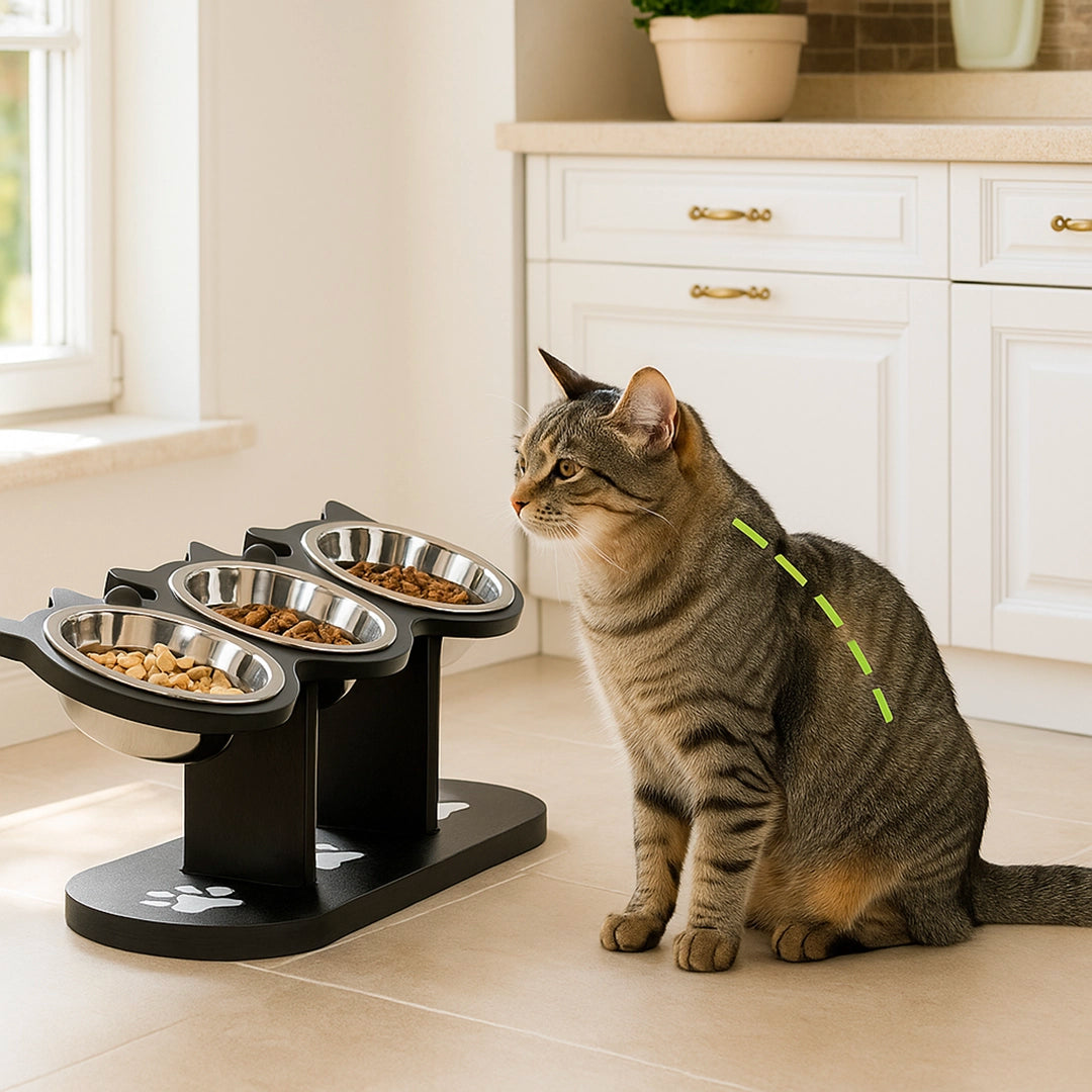 Katzen Futternapf mit Holzständer | Verstellbares 15° Schrägdesign & Edelstahlschalen