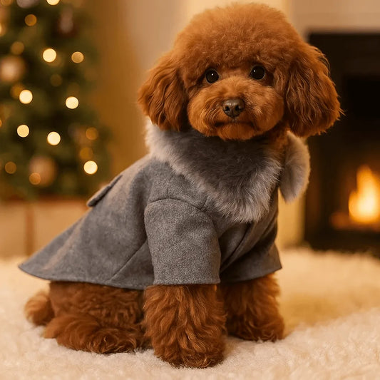 Hundemantel Winter | Warmer Baumwoll-Mantel mit Wollkragen für Hunde