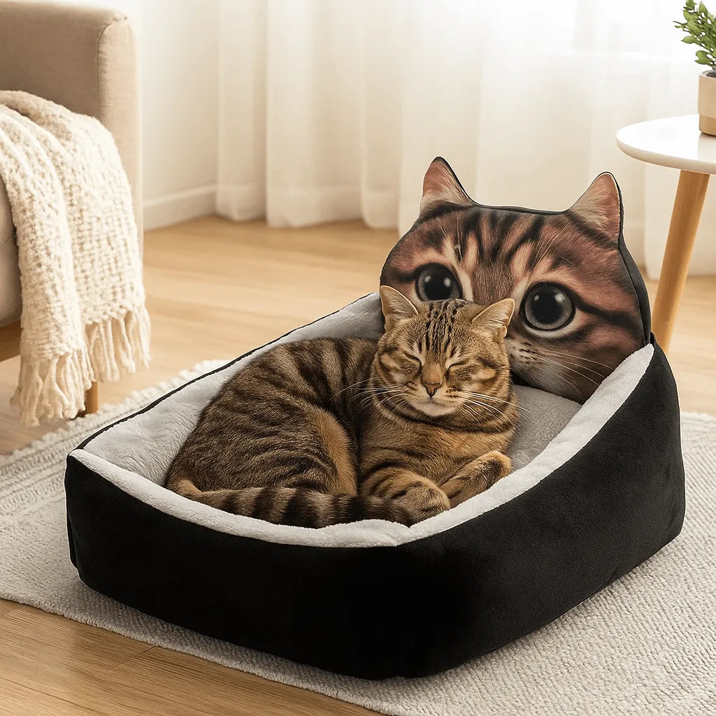Katzenbett im Tierkopf-Design | Kuscheliges Winter Katzenkörbchen