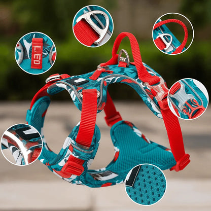Hundegeschirr tropisches Design | Verstellbar, gepolstert & robust für aktive Hunde