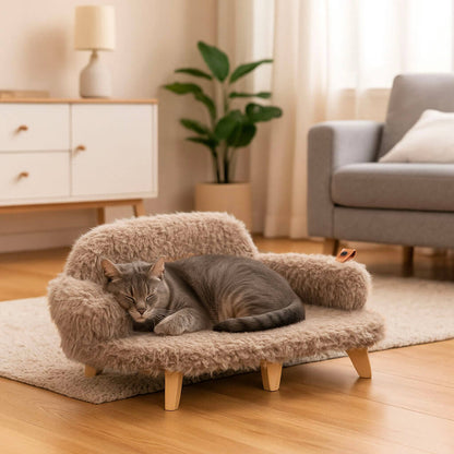 Kuscheliges Katzensofa mit Plüsch & Holzfüßen | Warm & stilvoll