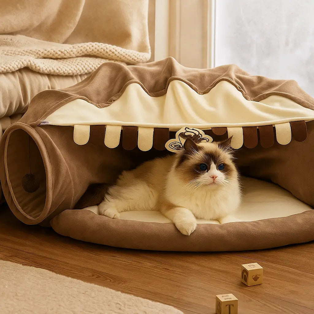 Katzenbett mit Tunnel | Faltbares Spiel- & Ruheparadies für Katzen