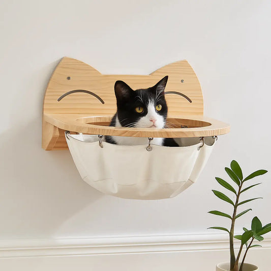 Katzenbett aus Holz zum Aufhängen | Stilvolles Wandkörbchen für Katzen