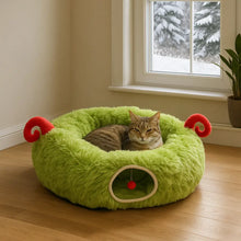 Cat Bed Tunnel Cave Green | fluffy hideaway with play ball