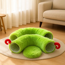 Cat Bed Tunnel Cave Green | fluffy hideaway with play ball
