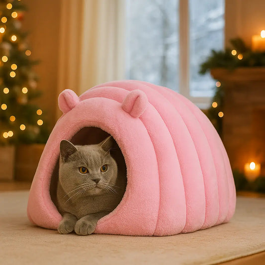 Katzenhöhle Winter Fleece | Weiches & Warmes Katzenbett mit Kissen