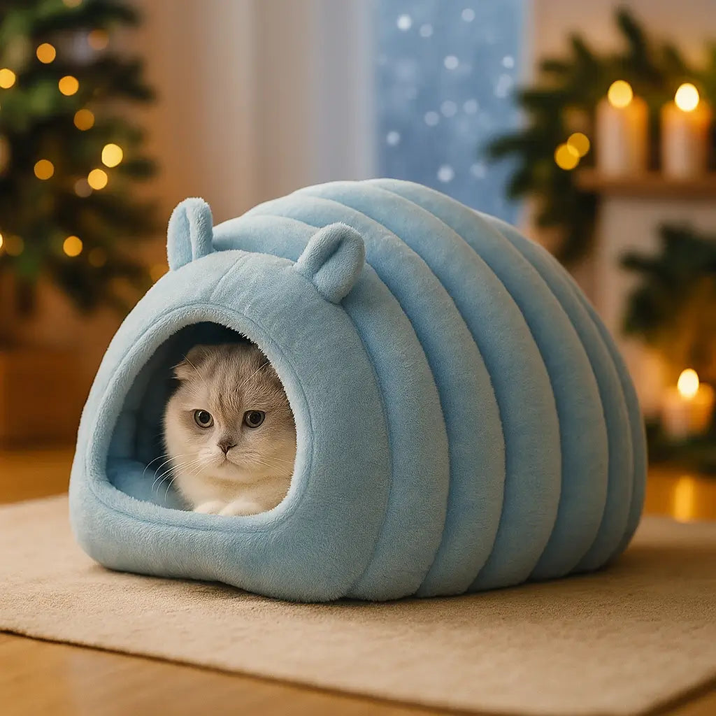 Katzenhöhle Winter Fleece | Weiches & Warmes Katzenbett mit Kissen