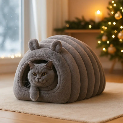 Katzenhöhle Winter Fleece | Weiches & Warmes Katzenbett mit Kissen