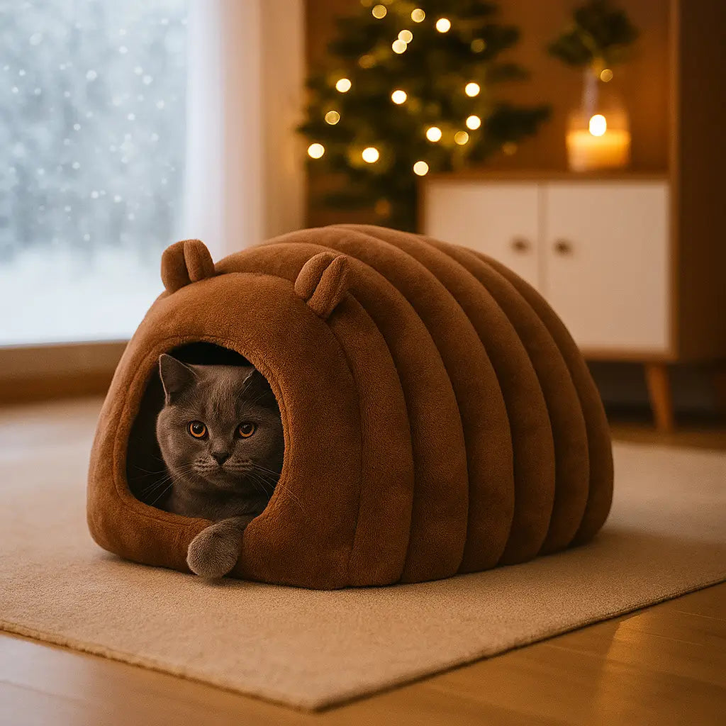Katzenhöhle Winter Fleece | Weiches & Warmes Katzenbett mit Kissen