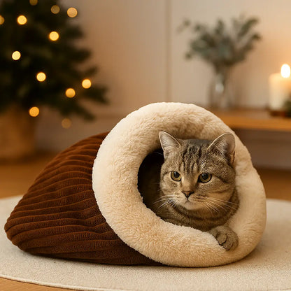Katzenbett Winter Gestreift | Warmer Katzenschlafsack aus Plüsch