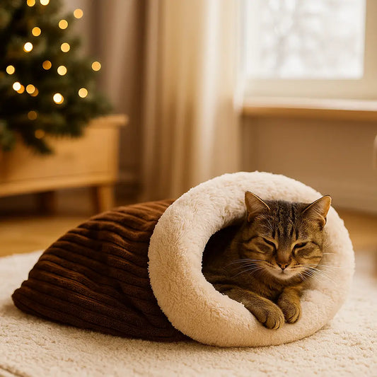 Katzenbett Winter Gestreift | Warmer Katzenschlafsack aus Plüsch