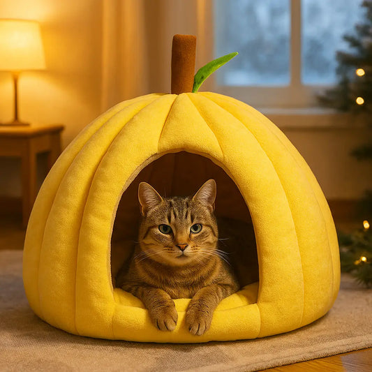 Katzenbett Kürbis-Design | Warmes Winterhaus für Katzen