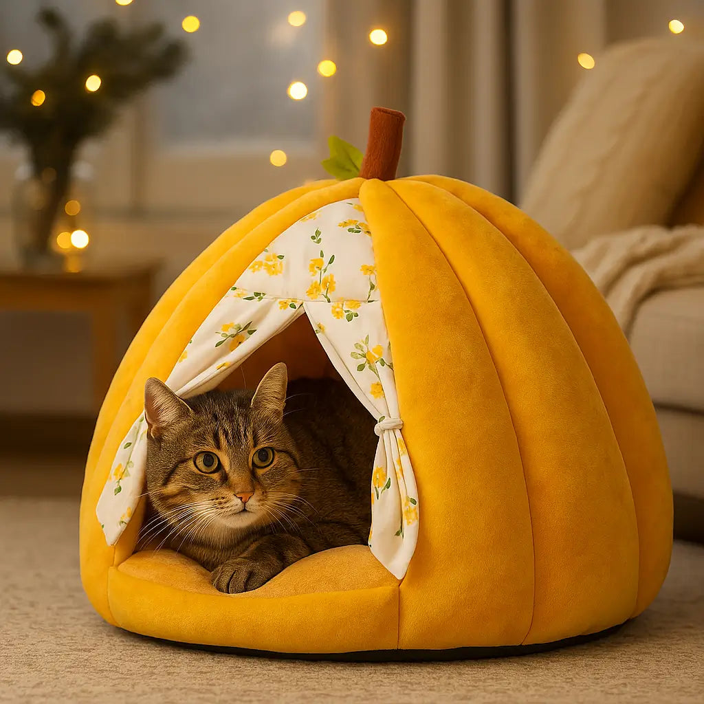 Katzenbett Kürbis-Design | Warmes Winterhaus für Katzen
