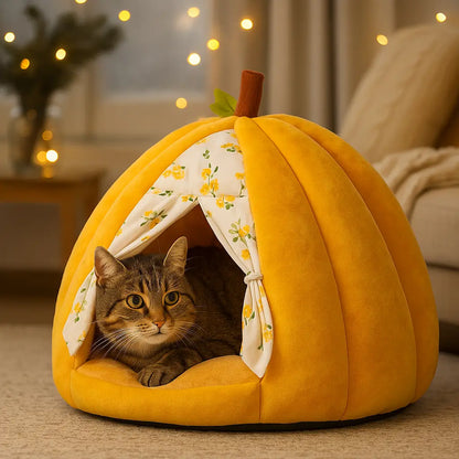 Katzenbett Kürbis-Design | Warmes Winterhaus für Katzen