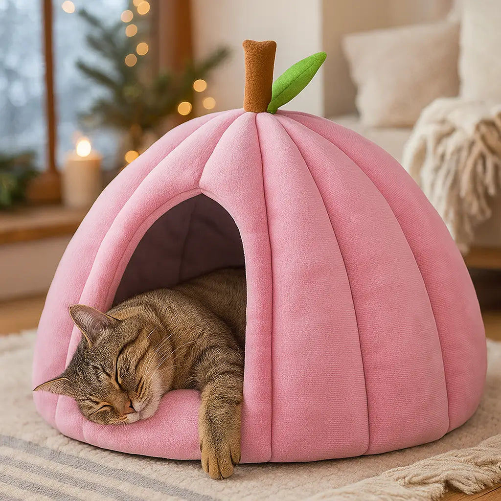 Katzenbett Kürbis-Design | Warmes Winterhaus für Katzen