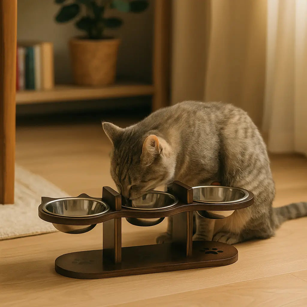 Katzennapf mit Holzständer | Verstellbarer Futterhalter
